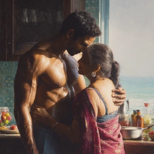 Hyperrealism painting.a muscular sweaty indian man standing be...