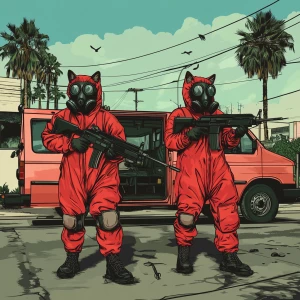 Two humanoid cats dressed in red hazmat suits and wearing gas ma...
