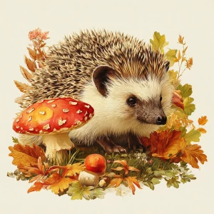 Hedgehog with mushroom, vintage illustration, autumn colors, whi...