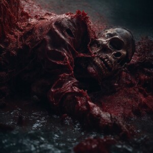 A grotesque zombie with decaying flesh and exposed bones, draggi...