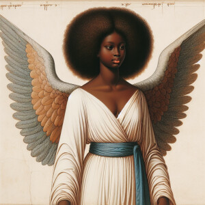 Create an image of a young Black woman with angel wings and long...