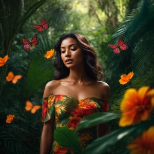 Illustrate a woman standing gracefully in the heart of a lush ra...