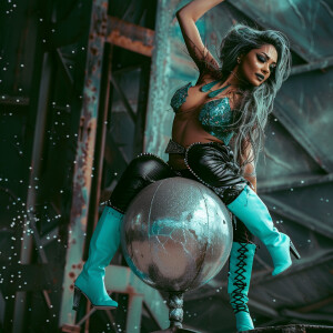 A brunette with grey streaks sitting on top of a cannonball swin...