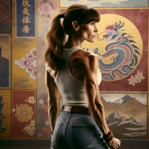 Athletic Thin skinny Attractive, Asian teenage girl, long brown hair and bangs, wearing tight skinny jeans and a halter top paint marks on her clothing, heroic pose Asian graffiti background,  backside view