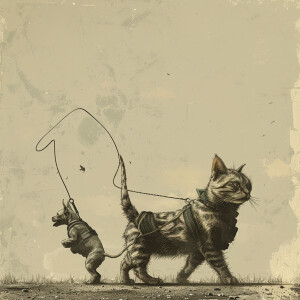 Create an absurdist image of a cat walking upright holding a dog...