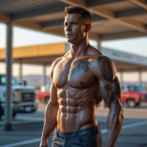 Naiketrucker man in the rest area shirtless showing off his d