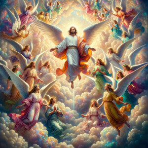 Create an oil painting of Jesus Christ, coming in the colorful clouds and all of his angels with him