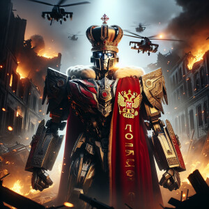 Russia as a transformer character, adorned with Russian costume...