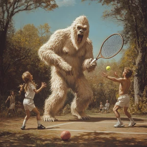Show a family if humanoid looking sasquatch playing tennis