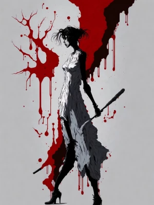 The woman’s silhouette in a white sleep dress and a baseball bat...