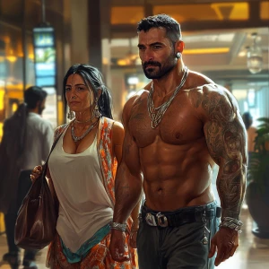 realistic art ,A sweaty beefy man walking with his 54 year old k...