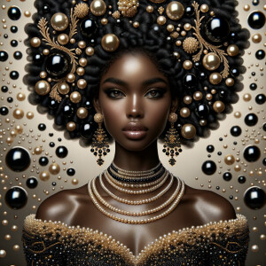 Imagine a digital portrait of a light skinned African-American Latino regal woman named KAREN Her attire and accessories are exclusively adorned with black and gold pearls. They grace her voluminous hair, styled in an elegant updo, where the black pearls form the roots and the gold pearls create the stunning curls. Her ears boast chandelier earrings, with black pearls clustered at the top, transitioning to gold pearls that dangle with delicate grace. Around her neck, a tiered necklace cascades with strands of alternating black and gold pearls, reflecting a sophisticated contrast.

Her shoulders are draped with a luxurious off-shoulder gown, the fabric's weave incorporating intricate patterns formed by black and gold pearls. The gown's texture has a subtle sheen, suggesting a high-quality material with a pearlescent finish. As a centerpiece, a grand brooch sits at her collar, with a large gold pearl surrounded by an elaborate design of smaller black pearls.

The background of the portrait features an abstract composition of floating pearls, swirling in a dance of shadows and light, emphasizing the color theme of black and gold. The name "KAREN" is discreetly integrated into the lower right corner of the artwork, blending seamlessly with the design, as if it were a signature part of the jewelry ensemble. The overall effect is one of timeless elegance, a blend of modern design and classic beauty, all tied together by the luxurious palette of black and gold.