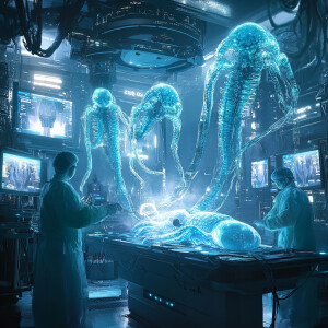 Extraterrestrial beings with shimmering blue skin and multiple t...