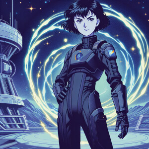 1990s anime screencap, girl a black plugsuit, blue aura, standin...