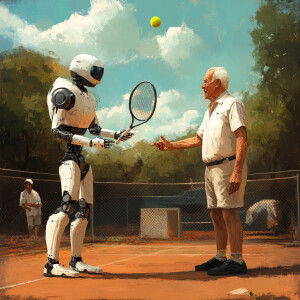 A robot playing tennis with an elderly man in 2060