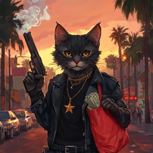 A humanoid cat character standing in a bustling city street at d...