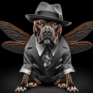 A pittbull with a zoot suite and gangsta brim on