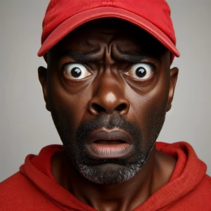 Man with a perplexed and horrified expression, wearing a red bas...