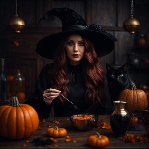 Photorealistic image. Beautiful witch brewing up some trouble. B...