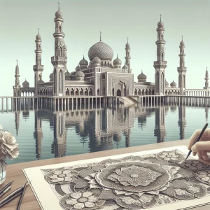 Design an intricate mosque exterior featuring an elaborate facad...