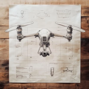 A detailed specification sheet on blueprint paper for minimuist drone with callouts and dimensions, highly technical