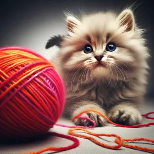 A fluffy kitten with a mischievous expression playing with a bal...