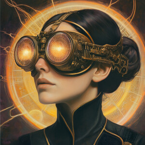 A head-on portrait of an Aetherpunk muse with a pulsating, ether...