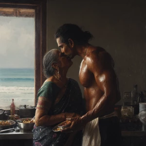 Hyperrealism .a muscular sweaty indian man standing and kissin...
