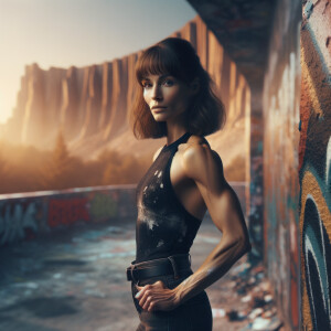 Athletic Thin skinny Attractive, Asian teenage girl, long brown hair and bangs, wearing tight skinny jeans and a halter top paint marks on her clothing, heroic pose Asian graffiti background, backside view