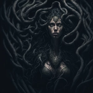Dramatic digital painting, a breathtakingly beautiful Medusa sta...