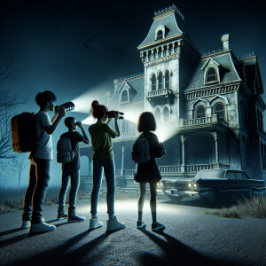 Three teenagers with flashlights and cameras stand at night near...