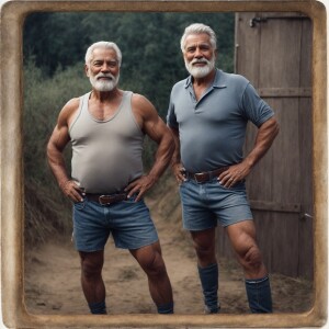 Create an image of two fit and muscular senior men in their 60s,...