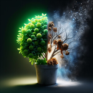 Visualize two potted plants side by side: one vibrant and thrivi...