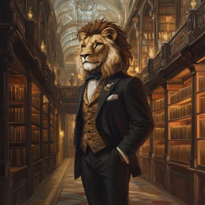 Digital painting. An anthropomorphic lion, dressed in a tailored...