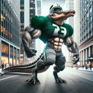 Man- alligator hybrid with extra huge muscles with veins popping...