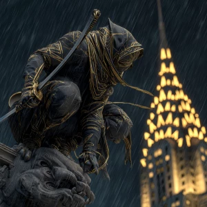 A masked vigilante ninja in a crouching pose perched atop an ove...