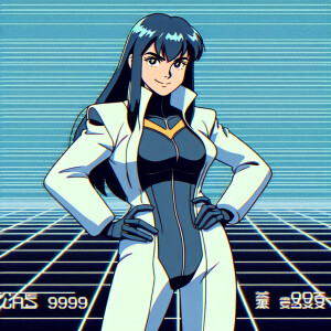 1990s anime screencap, girls in plugsuit, standing with hands on...