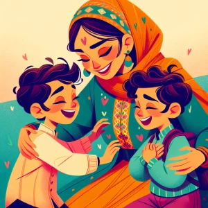 An animated scene in pastel colors featuring a caring mother and...