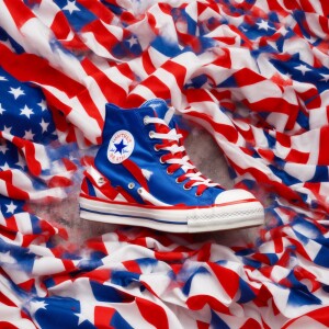 Photorealistic. High heeled  red, white & blue patriotic Convers...