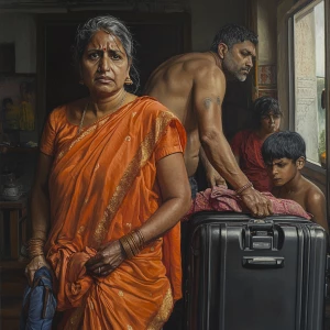 Oil painting style hd 1:1 ,a 54-year-old Gujarati mother who wor...