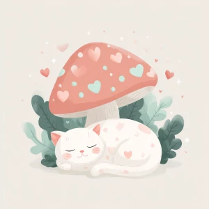 cute chubby white cat sleeping under a pastel pink mushroom with...