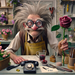 a whimsical cartoonishly realistic image of an old man with wild...