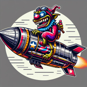 Wwii  nose art of a cartoonish monster riding a missle in an  ne...