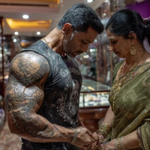 Hyperrealism image.a muscular beefy tattoed gujarati sweaty  man...