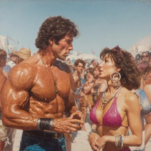 Create a hyperrealistic painting of a muscular, sweaty American...