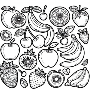 Design a set of coloring pages presenting a variety of fruits, e...