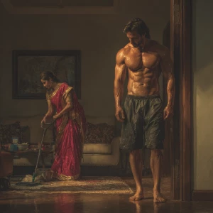 Hyperrealism digital painting ,a indian muscular beefy sweaty...