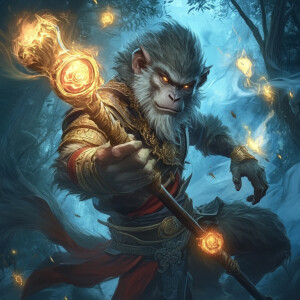 Create Wukong, the Monkey King, wielding a glowing golden staff...