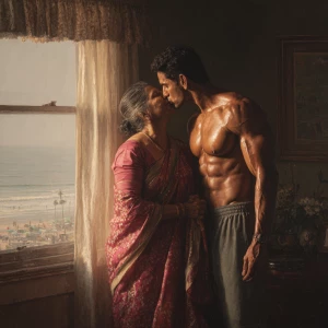 Create a hyperrealism painting of a muscular, sweaty Indian man...