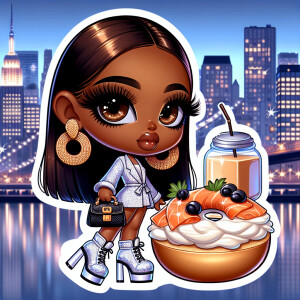 A high-gloss chibi-style African American girl with brown eyes,...